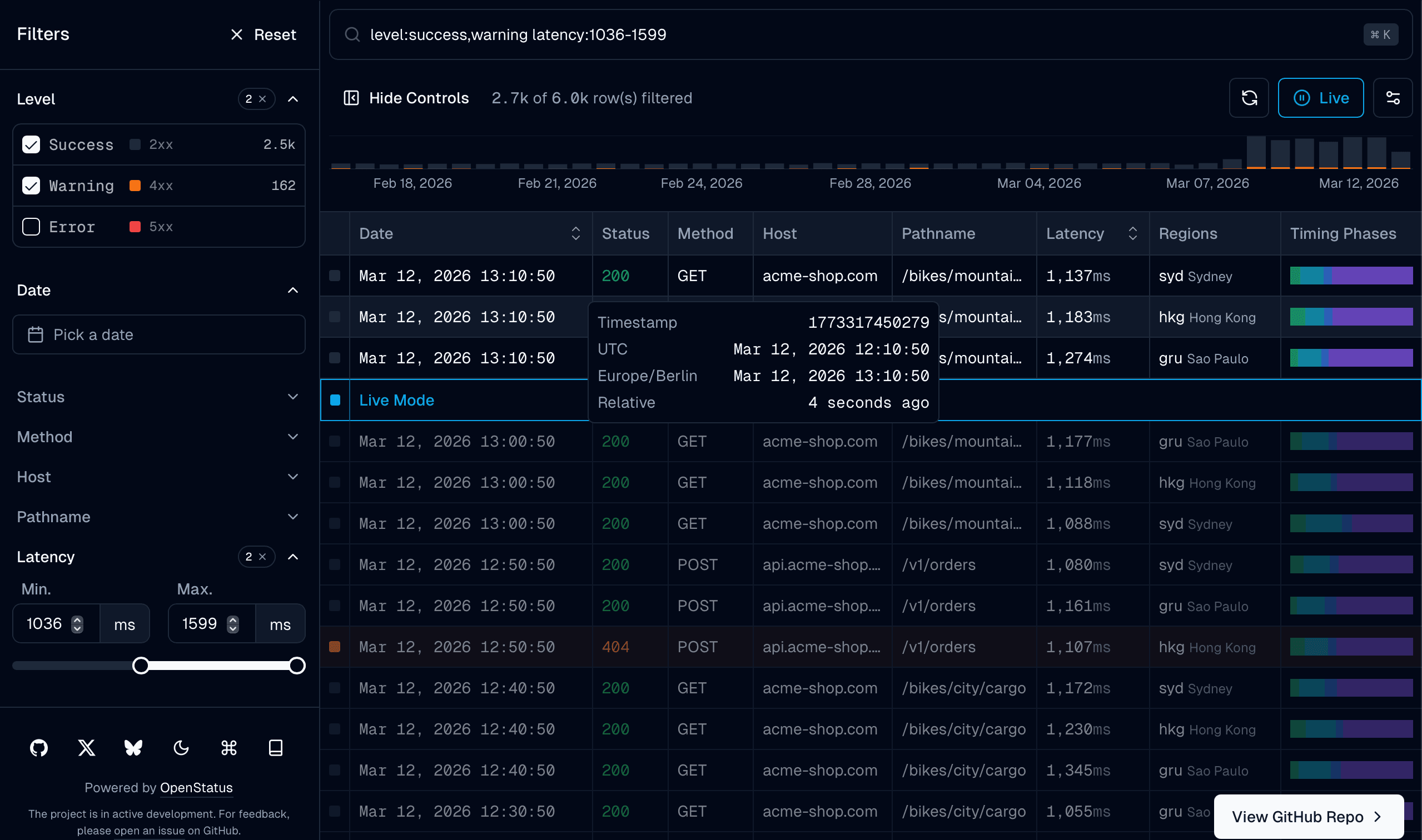 data-table with some filters and activated live mode
