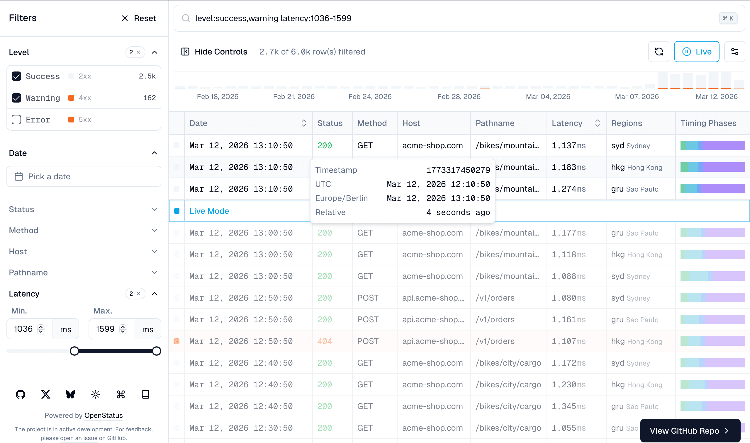 data-table with some filters and activated live mode